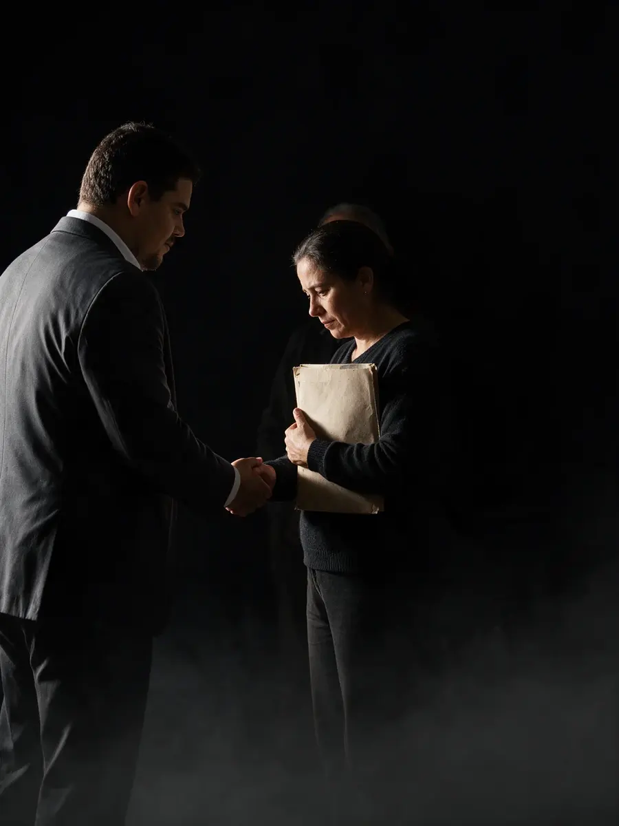 O advogado cumprimenta uma cliente que segura documentos